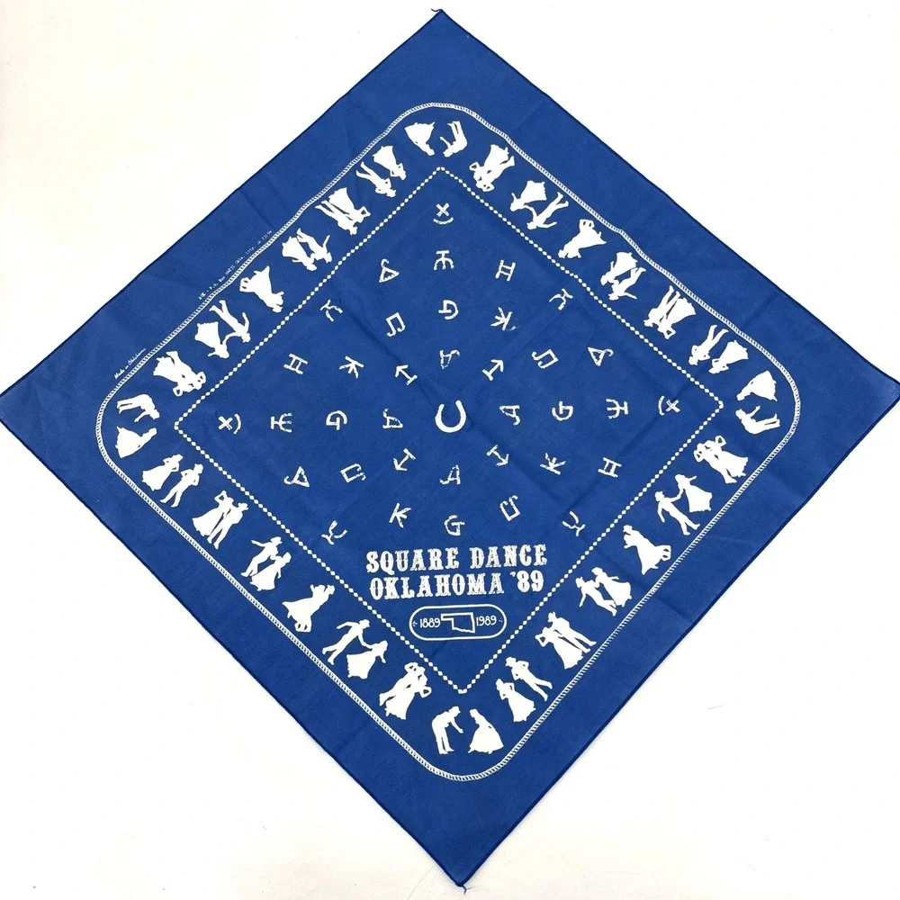 1989 Vintage Oklahoma Square Dance 80s Blue Bandana Handkerchief - 21 x‎ 21